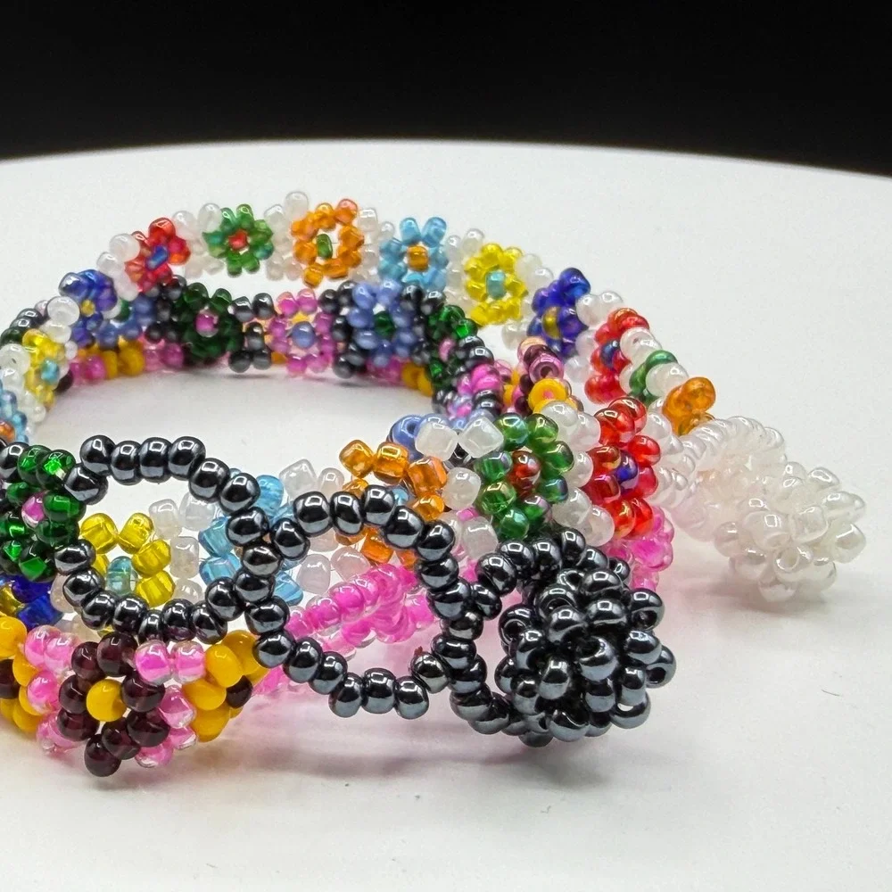 3Pc Colorful Handmade Seed Bead Floral Bracelets Daisy Friendship Jewelry Set